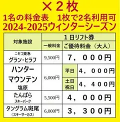 リフト券割引券2枚セット 1枚で大人2名可グランヒラフハンターマウンテン他⑤