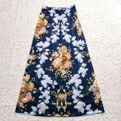 ヴィンテージ 花柄 ロングスカート 9号 ネイビー サテン調 ボタニカルのサムネイル