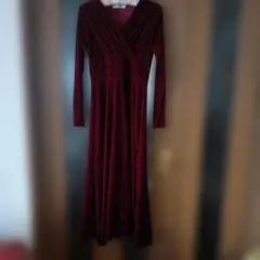ワインレッド ベルベットロングドレス Vネック