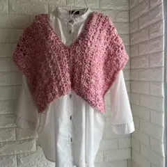 ベスト　ピンク　Vネック　ハンドメイド　かぎ編み
