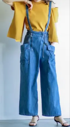 Lallia Muデニムサスペンダー サイドポケットパンツ