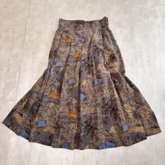 総柄 アンティーク柄フレアスカート プリーツ 裏地付き 11号 レトロ 個性派