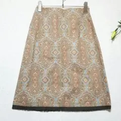 【ミッシェルクラン】（36・S）ブルー×茶 総柄フリンジスカート・ 美シルエット