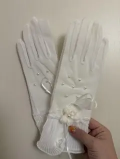 ウェディンググローブ　ホワイト パール リボン フリル付き 結婚式