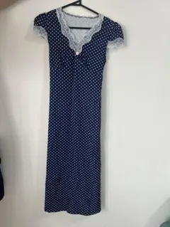 ドット柄 レース ロングワンピース ネイビー