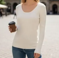 美品 セシルマクビー トップス M 白 長袖 リブ編み スクープネック タイト