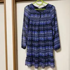 青系柄 長袖チュニックフリル裾