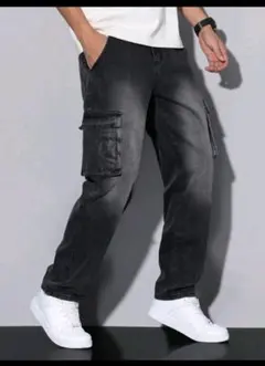 ダークグレー デニム カーゴパンツ