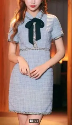 DAZZY ブルー ツイード 半袖 ミニワンピース ドレス S