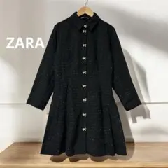 ZARA ツイード調 ミニワンピース リボン ボタン 黒 M 前開き