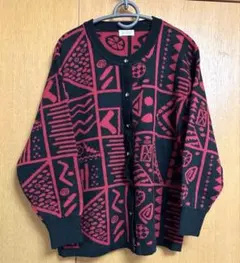 ヴィンテージ デザインニット 古着　個性的　幾何学柄　総柄　カーディガン