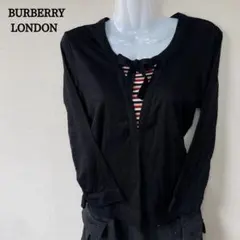 極美品 バーバリーロンドン 長袖ロングTシャツ カットソー ボウタイ黒 ベージュ