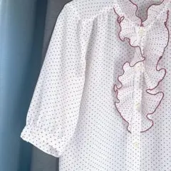 vintage 赤のドットフリル　パフスリーブ　ブラウス