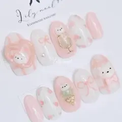 ネイルチップ トイプードル 犬ネイル 3D ピンク 韓国 リボン 花柄のサムネイル