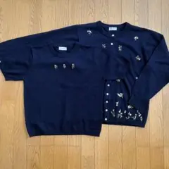アンサンブル　 花柄刺繍 カーディガン　長袖　半袖　ニット　黒