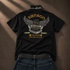 VANSON 刺繍 ビッグロゴ 半袖ポロシャツ ウイング バイカー アメカジ 黒のサムネイル