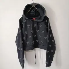 GUESS 総柄ロゴパーカー 黒 S クロップド丈 裏起毛