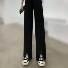 L ブラック パンツ ワイドレッグ ストレート 春 夏 足長 ウエストゴム