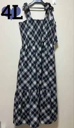 チェック柄肩リボンマキシ丈ワンピース♡シャーリング♡ロングワンピース♡春夏秋