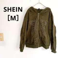 SHEIN オリーブ色 ストーン装飾 パーカー M カーキ　裏起毛　レディース