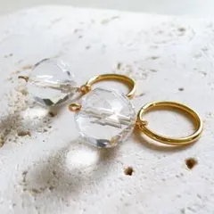天然石ピアス　チャーム　イヤリング　丸カン大　水晶　ゴールド