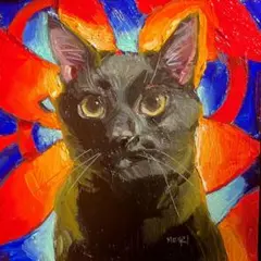 『黒猫の肖像画』油絵 原画 ミニ絵画 おまけフレーム付　一点物　猫の絵　猫