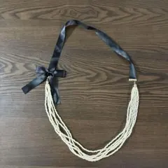 【美品】多層パールネックレス　黒のリボン付き