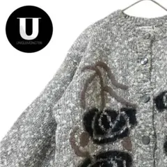 ＼トップス／ ニット カーディガン バラ 刺繍 グレー 派手 上品　レトロ 古着