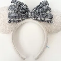 ディズニーランド カチューシャ チェックリボン ミニー ディズニー ツイード 青