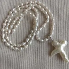 有核淡水真珠ロングネックレス＆クロス形淡水真珠クリッカーペンダントトップセット