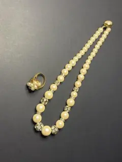 ✅パール調 ネックレス & リング セット ゴールド 刻印あり ヴィンテージ風