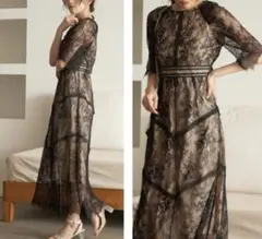 ショルダーギャザーラッセルレースロングワンピース　結婚式　お呼ばれ　ロングドレス