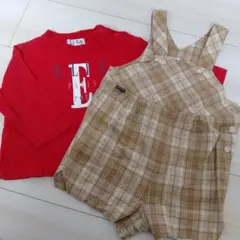 ELLE 赤 ベージュチェック ロンパース 95