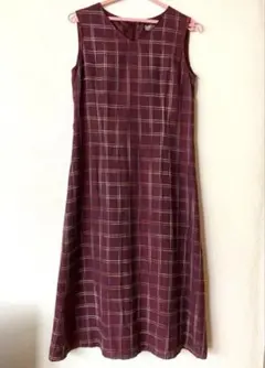 バーガンディ チェック柄 ノースリーブワンピース