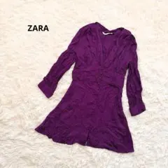ZARA ザラ 花柄チュニック ミニワンピース Vネック M 紫 フェミニン