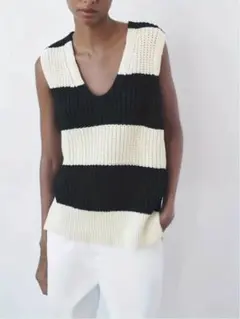 ZARA〔未使用品〕Vネックボーダーニットベスト コットン