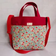 【赤帆布 × いちご柄】２wayハンドメイドショルダーバッグ