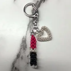 ハンドメイドビーズチャームリップスティック＆オープンハートキーホルダーシルバー
