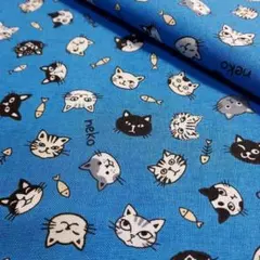 ✿Cat and Fish <シーチング> 生地 布 はぎれ[ブルー]