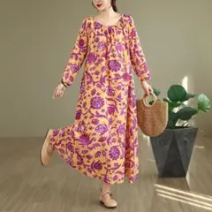 エレガントワンピース 体型をカバー ロング丈 レトロ プリント ラウンドネック