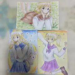 手描きオリジナルイラスト原画 3枚セット 1点物　萌え絵　色鉛筆画　L判サイズ