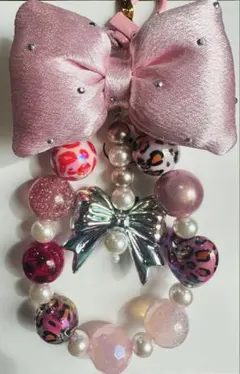 ヒョウ柄リボン付きストラップキーホルダー