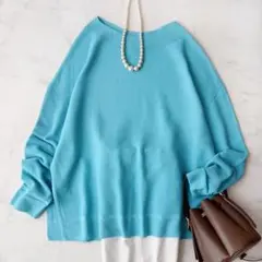 美品 アンタイトル 2025 大きいサイズ 4 コットン ガーターニット ブルー