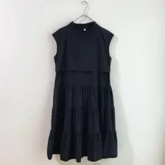 4494 JUNOAH ジュノア　ティアードワンピース　ロング　黒　Ｌ　半袖
