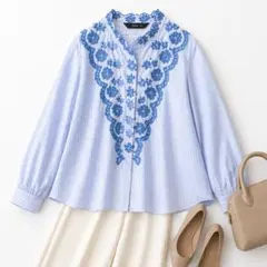 ZARA♡刺繍ストライプブラウス フリル襟 青白 S