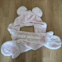 ディズニー ミッキー耳付きフードマフラー ピンク 手袋付き