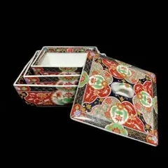 豪華絢爛☆美濃焼 庫山窯 三つ組鉢 角鉢 蓋付き 金彩 色絵