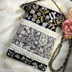 スマホショルダー スマホポシェット サコッシュ インド刺繍 花柄パール ブラック