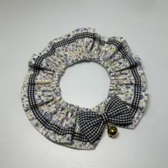 猫の首輪 小花×ギンガムチェック 青 幅広4.5