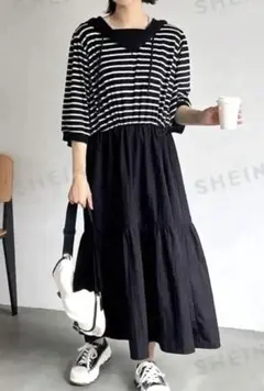 【新品】 ドッキングワンピース パーカー ボーダー ティアードスカート